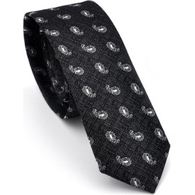Resim Gaffy Beyaz Şal Desenli Siyah Dokuma Kumaş Mendilli Slim Fit Kravat // Sdk-240809 Desenli 