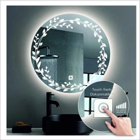 Resim Dnr-Mirror90 Cm Beyaz Ledli Tasarım Kumlamalı Dokunmatik Tuşlu Banyo Aynası Makyaj Aynası Işıklı Ayna 