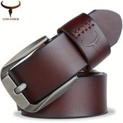 Resim ER COWATHER Erkekler İçin Vintage İkinci Katman Dana Derisi Kemer - Oval Tokalı Kahve Kahverengi, Dayanıklı Günlük ve Resmi Deri Kayış XF008 