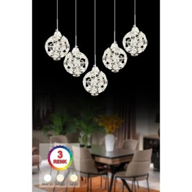 Resim Istanbul Avize Dali Yemek Masası 5'li Gümüş 3 Renk Ledli Modern LED Avize 