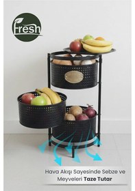 Resim 3 Katlı Tepsili Metal Sebzelik Açılır Metal Patates Soğan Meyvelik Sepeti Rafı Siyah Siyah 