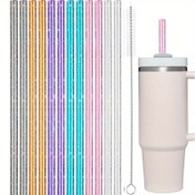 Resim 40oz Pipetler, 12 Adet Simli Plastik Yedek Pipetler için 40oz Termos Bardaklar, Çeşitli Renklerde Yeniden Kullanılabilir Pipetler 30.48 cm ile 1 Fırça -Lazer İndüklenmiş Parıltıyla 