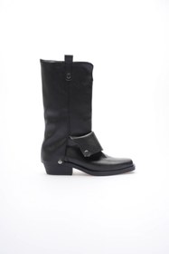 Resim Mubiano Kadın Deri Kovboy Çizme Küt Burunlu Körüklü Siyah Texara 