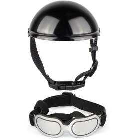 Resim Kulak Deliği İle Köpek Kaskı Evcil Hayvan Kaskı Ve Gözlük Seti Ayarlanabilir Kayış Köpek Güneş Gözlüğü Bisiklet İçin Yavru Köpek Başlığı Lb 