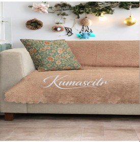 Resim Koltuk Çekyat Örtüsü Kaymaz Tabanlı Süngerli Kadife Kumaş Cappuccino Rengi Gofraj Baskı Cappucino 