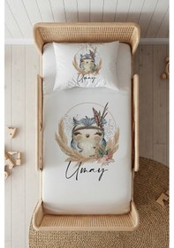 Resim %100 Pamuk Saten İsme Özel İsimli 100x200 Tek Kişilik Lastikli Çarşaf Seti Baykuş Beyaz 