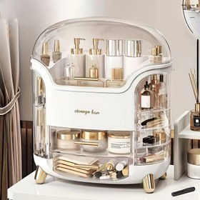Resim Toz geçirmez, su geçirmez plastik makyaj organizatörü, taşınabilir tasarım - Büyük kapasiteli tezgah üstü kozmetik saklama kutusu çekmeceli - Elektrik gerektirmeyen makyaj malzemeleri vitrini, banyo, yatak odası için 