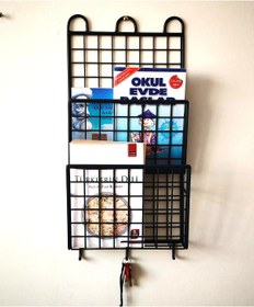 Resim GO DEKOR 2 Gözlü Dekoratif İnce 3 Kancalı Kitaplık Dergilik Duvar Askılı Raf 