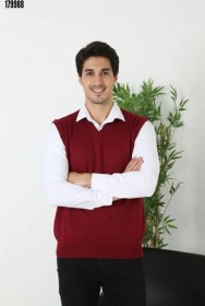 Resim Erkek V Yaka Kolsuz Süveter Triko Kazak yumuşak dokulu Pamuklu ince Dokuma Rahat Regular kalıp Bordo 
