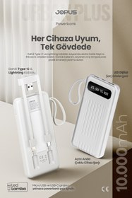 Resim Jopus 10000mAh Powerbank Dahili Kablolu, LCD Ekranlı, LED Lambalı, Taşınabilir Şarj Cihazı Beyaz JP-P11 