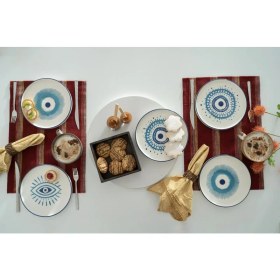 Resim Kevin Seramik 6'lı Özel Tasarım 20 cm Nazar Boncuklu Handmade Pasta Takımı 