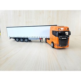 Resim Maket 33 cm uzunlukta 1/50 ölçek turuncu SCANIA 770S TIR MAKETİ (firma ismi yazılabilir) 