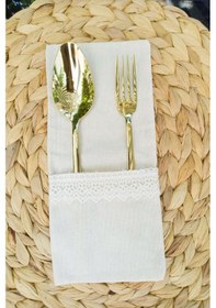 Resim 6 Adet Keten Beyaz Dantelli Kaşıklık Servis Sunum 