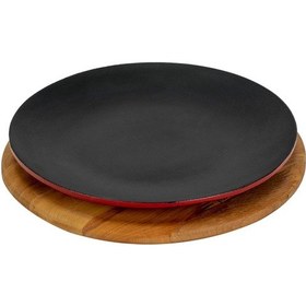 Resim Lava Döküm Yuvarlak Servis Tabağı Ve Kayın Servis Ahşabı. Çap Ø 21cm.-bordo Bordo 