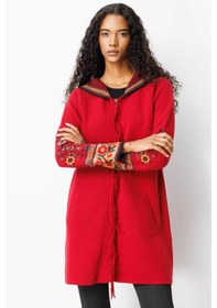 Resim Desen Triko Kadın Kapüşonlu Kilim Jakarlı Püsküllü Yün Kaban K.kırmızı Kırmızı 