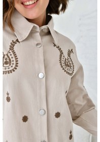 Resim Kadın Bej Gabardin Gömlek - Oversize Beden Bej 