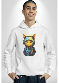 Resim Bandana Kedi Kulaklık Çeket Kadın Erkek Beyaz Kapüşonlu Sweatshirt Hoodie Beyaz 