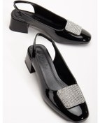 Resim Büyük Numara Kadın Kısa Topuklu Ayakkabı Siyah Kare Taşlı Açık Topuk-3925 Siyah 