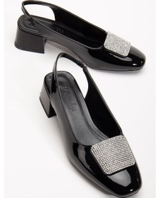 Resim Büyük Numara Kadın Kısa Topuklu Ayakkabı Siyah Kare Taşlı Açık Topuk-3925 Siyah 