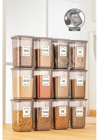 Resim Meleni Home 12'li Etiketli Büyük Boy Baharatlık Seti - Kapaklı Kare Baharat Takımı Saklama Kabı 12x1100 Ml 