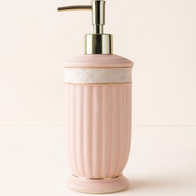 Resim esdekor Home Ev Pembe Seramik Sıvı Sabunluk 19cm 1 Adet Krom Pompalı Şık Banyo ve Lavabo Lotion Dispenser 
