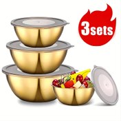 Resim 3 Adet Altın Renkli Paslanmaz Çelik Karıştırma Kapları Kapak ve Ölçülerle, Gıda Sınıfı, Parlak Yüzey, Salatalar, Makarna, Hamur, Yumurtalar, Sebze Yıkama için Uygun, Partiler, Kamp, Evde Pişirme İçin Mükemmel 