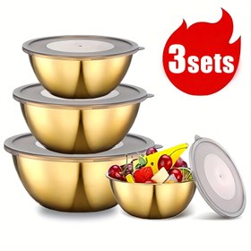 Resim 3 Adet Altın Renkli Paslanmaz Çelik Karıştırma Kapları Kapak ve Ölçülerle, Gıda Sınıfı, Parlak Yüzey, Salatalar, Makarna, Hamur, Yumurtalar, Sebze Yıkama için Uygun, Partiler, Kamp, Evde Pişirme İçin Mükemmel 