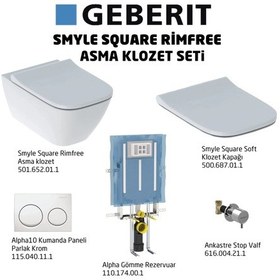 Resim Geberit Smyle Square Rimfree Alpha10 Soft Asma Klozet Seti, Beyaz 