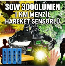 Resim Yedek Pilli 30w Sensörlü Kafa Lambası - Dijital Şarj Göstergeli, 3000 Lümen, Type-c Şarjlı Su Geçirmez Siyah 