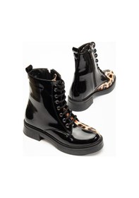 Resim 02-3055 Siyah Rugan Leopar Bağcıklı Fermuarlı Günlük Kadın Bot Acı Kahverengi 