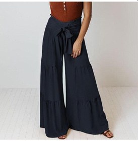 Resim Moda Gevşek Elastik Bel Pileli Uzun Pantolon Kadınlar Için Zarif Katı Şalvar Geniş Bacak Pantolon Rahat Kayış Pantaloni Donna 25921 Tortoise Lacivert 