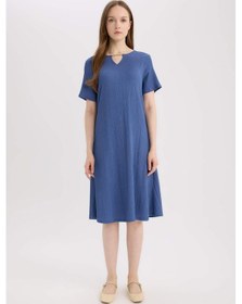 Resim DeFacto Regular Fit Apaş Yaka Basic Düz Bürümcük Kısa Kollu Midi Yazlık Elbise D3834AX25SMIN69 