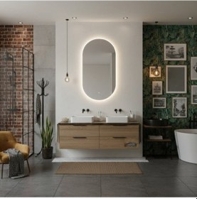 Resim 65x116 Cm Modern Oval Led Banyo Aynası Dokunmatik, Dim Edilebilir, 3000k Günışığı Sarı 