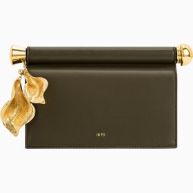 Resim Koyu Zeytin Vegan Deri Clutch,Metal Kolye Detaylı 