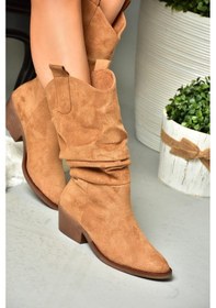 Resim Fox Shoes R280080502 Taba Süet Alçak Topuklu Büzgülü Kadın Çizme Taba 