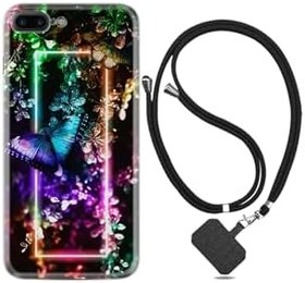 Resim kilifland Apple Iphone 6 6s Plus ile Uyumlu Kılıf Silikon Desen Boyun Askılı Butterfly Neon 1684 