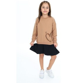 Resim Toontoy Kız Çocuk Eteği Kadife Kalp Baskılı Elbise Kahverengi 