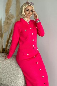 Resim Düğme Detaylı Hırka Etek Tesettür Triko İkili Takım (s-m-l Beden Uyumludur) Fuşya TZL-P-00012254 