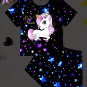 Resim 2 Adet Kız Çocukları için Sevimli Işıltılı Unicorn Yıldız Desenli Kısa Kollu Tişört & Şort Pijama Takımı - Yumuşak Nefes Alabilen Kumaş, Düzenli Fit Prenses Ev Giysisi, Yıldızlı Gece Tasarımı, Gençler İçin Rahat Yazlık Uyku Kıyafeti, Unicorn Oda Dekoru, Dış Mekan İçin Mükemmel 