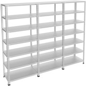 Resim RafBurada 7 Katlı 3'lü Galvaniz Çelik Raf - Depo, Arşiv, Kiler, Dosya, Market Rafı 31x75 Cm-200 Cm-0.70 Mm 