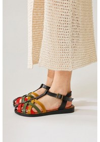 Resim Hakiki Deri Agi Siyah Çapraz Örgü Bantlı Sandalet 001 