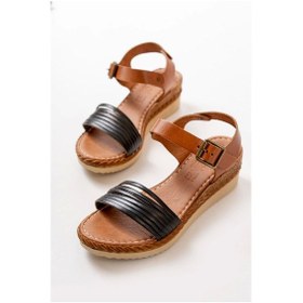 Resim Siyah Ortopedik Hakiki Deri Dolgu Kadın Sandalet Siyah 