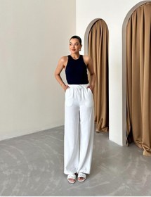 Resim Laluvia Beyaz Beli Lastikli Pamuklu Keten Pantolon Beyaz 