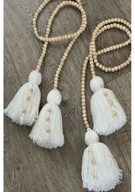 Resim 2 Adet Boho Doğal Ahşap Beyaz Püsküllü Perde Bağı 120 cm 
