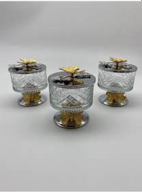 Resim 3'lü Ayaklı Gümüş Timeless Cam Magnolia Kasesi Çerez Tatlı Kasesi 