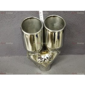 Resim Yuvarlak Eğik Ağız 90mm Çift Çıkış Egzoz Ucu. Paslanmaz Krom 