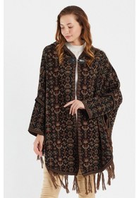 Resim Uludağ Triko Kadın Çiçek Desenli Kilim Panço Gümüş-Std Gümüş 