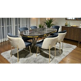 Resim Msy Home 6 Kişilik Aura Gold Serisi İroni Lake Oval Yemek Masası Ve Puffy Füme Sandalye Takımı Modern Krem-füme 
