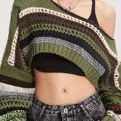 Resim Kadınlar İçin Şık Tekne Yaka Renk Bloklu Kazak - Dantel Gibi Kesik Detaylı, Yarım Saydam Uzun Kollu Kısa Üst, Her Mevsim Uygun Çok Yönlü Rahat Şık Katman Parçası, Dokulu Kumaş 