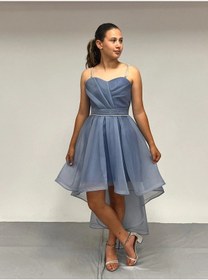 Resim Butikhappykids Kız Çocuk Abiye İndigotaş Kordon Askılı Kalp Yaka Kuyruklu Şifon Abiye Elbise 10-15 Yaş İndigo 